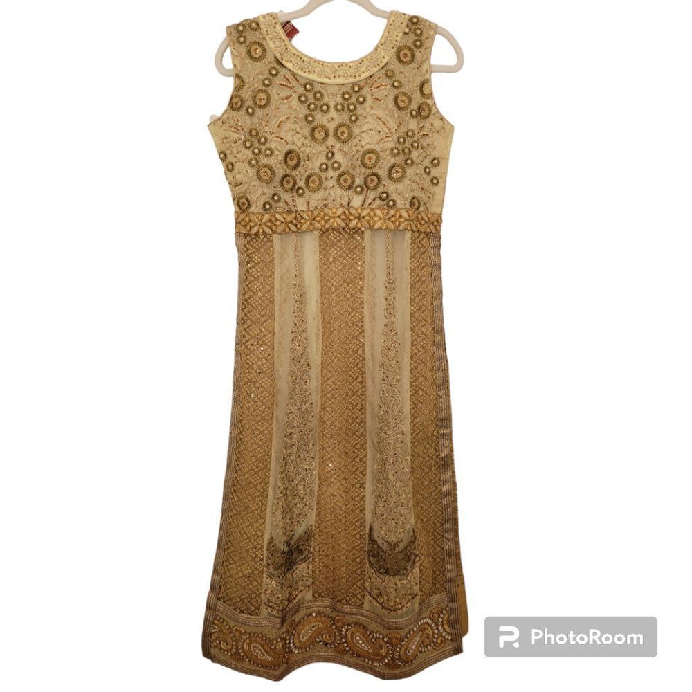 Angrakha kurta with beading and mirror work, gold tone, NWT